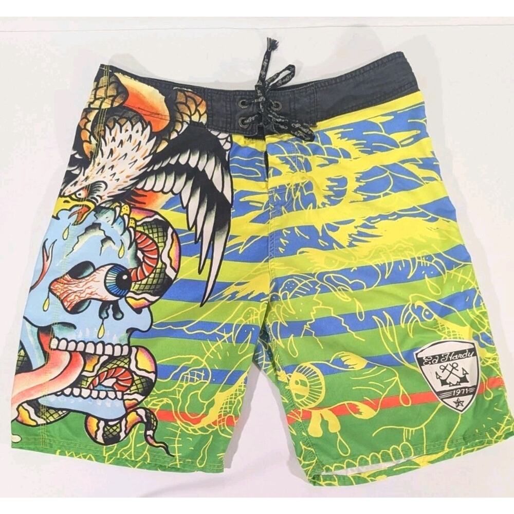 Ed Hardy swim trunks men size xl 36 eagle serpent tattoo print VTG  board shorts